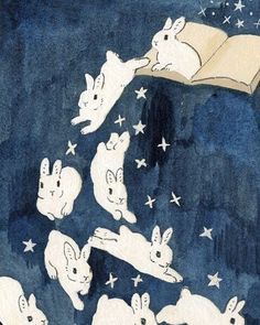 an image of rabbits flying in the air with books above them and stars falling down