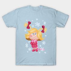 a cartoon girl with blonde hair wearing pink clothes and bows on her head, standing in front of snowflakes