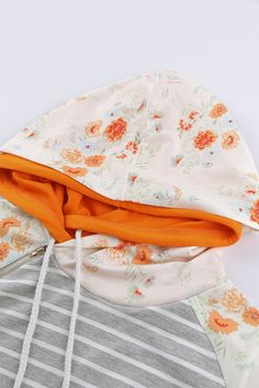 Gray Cowl Neck Floral Print Thumb Hole Drawstring Hoodie Spring Hoodie With Kangaroo Pocket, Spring Hooded Top With Kangaroo Pocket, Spring Hoodie With Drawstring, Hooded Drawstring Sweatshirt For Spring, Orange Drawstring Hood Top For Fall, Spring Hooded Hoodie With Drawstring, Autumn Sleeve, Print Style, Drawstring Hoodie