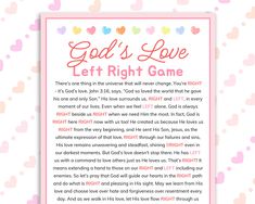 a pink and white poster with hearts on it that says god's love left right game