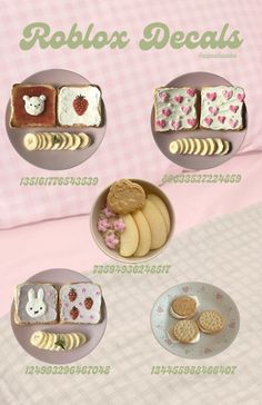 four plates with different types of food in them on a pink tableclothed background