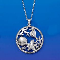 Ross-Simons - Sterling Silver Sea Life Pendant Necklace. 18". Capture the beauty of the sea with our sterling silver necklace. Expertly crafted in textured and polished sterling silver with myriad seaside creatures. A feel-good gift at a just-right price. Suspends from a sterling silver cable chain with a lobster clasp. Pair with matching earrings (913615) for a lovely set. Sterling silver sea life pendant necklace. Sterling Silver Ocean-inspired Necklaces, Ocean-inspired Sterling Silver Necklaces, Ocean-inspired Silver Round Pendant Jewelry, Silver Engraved Necklace For Beach, Feel Better Gifts, Sea Life Jewelry, Silver Sea, Ocean Jewelry, Sea Inspired