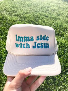 Trucker Hat Express your faith with the Imma Side With Jesus Trucker Hat. This hat is made in house and embroidered with the iconic phrase. It is lightweight, breathable, and comfortable for everyday wear. Show your faith with this stylish and fun statement piece! BULK ORDERS 6 PCS OR MORE! - PLEASE CONTACT US FOR A DISCOUNT CODE BEFORE ORDERING 6 PIECES= 30% OFF 12 PIECES = 40% OFF 24 PIECES = 50% OFF 48 PIECES = 55% OFF 96+ PIECES = 60% OFF All discounts include FREE SHIPPING - Free shipping i Flat Brim Hats With Embroidered Logo For Summer, Adjustable Trucker Hat With Embroidered Logo For Summer, Summer Adjustable Trucker Hat With Embroidered Logo, Spring Trucker Hat With Letter Print And Flat Brim, Curved Brim Hats With Letter Embroidery For Summer, Summer Flat Bill Hat With Embroidered Logo, Trucker Hat With Letter Embroidery And Curved Brim, Adjustable Hat With Letter Embroidery For Spring, Spring Adjustable Hat With Letter Embroidery