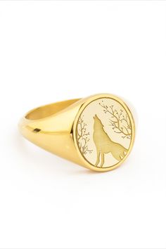 A beautiful Howling Wolf design engraved in our best-seller signet rings! *real images of the ring, taken by us* Face Size: 13x11mm Material: - Sterling Silver (925) - 9K Gold (375) - 14K Gold (585) - 18K Gold (750) *All signet rings are hallmarked on the back for certification* - We offer FREE Worldwide DHL & FedEx Shipping! - Branded DanelianJewelry Gift Box with each order! Engraved Stainless Steel Signet Ring For Promise, Yellow Gold Stainless Steel Signet Ring For Gift, Round Wolf Design Jewelry Gift, Wolf Design Round Jewelry Gift, Wolf Design Ring Jewelry Gift, Wolf Design Ring Jewelry For Gift, Symbolic Stainless Steel Engraved Ring As Gift, Symbolic Stainless Steel Engraved Ring For Gift, Engraved Stainless Steel Signet Ring For Gift