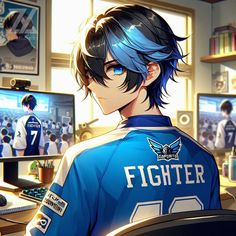 an anime character with blue hair in front of computer monitors