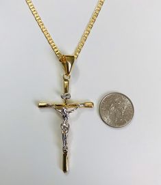 "18K GOLD FILLED CROSS NECKLACE . FOR GOOD LUCK,PROTECTION,HEALTH AND ANY KIND OF DIFFICULTY .22\" LONG CHAIN. PENDANT SIZE: 55 X 28 mm 18K GOLD FILLED CADENA DE CRUZ . PARA PROTECCION,BUENA SUERTE,SALUD Y PARA CUALQUIER CASO DIFICIL.22\" LARGO CADENA. TAMANO DEL DIJE: 55 X 28 mm" 14k Gold Cross Figaro Chain Jewelry, Gold Crucifix With Figaro Chain Jewelry, Gold Plated Crucifix Jewelry With Adjustable Chain, Gold Crucifix Necklace With Box Chain, Gold Crucifix Box Chain Jewelry, Gold Crucifix Jewelry With Box Chain, Gold Crucifix With Box Chain, Jesus Necklace, Cross Jesus