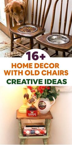 two wooden chairs with dog eating food on them and the words 16 + home decor with old chairs creative ideas