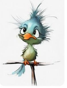 a cartoon bird sitting on top of a branch with hair flying around it's head