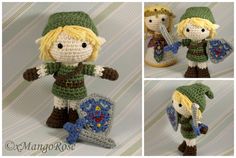 the crocheted doll is wearing a green hat and holding a blue flower in her hand