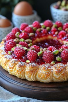 a cake with raspberries and pistachios on top is sitting on a table