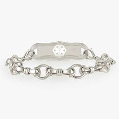 Our Kensington women's medical ID bracelet is a classic, elegant style that pairs easily with any outfit. With silver plating and stainless steel lobster clasps, Kensington is a linked bridle chain medical alert bracelet in a chic, upscale design.As an interchangeable bracelet, Kensington allows you to easily move your medical ID tag between Lauren's Hope interchangeable med alert bracelets. EMTs or First Responders are trained to look for the medical caduceus symbol, which alerts them that your Classic White Metal Chain Bracelet, Classic Hypoallergenic White Gold Chain Bracelet, Classic White Gold Nickel-free Chain Bracelet, Classic Hypoallergenic Charm Bracelet, Classic Nickel-free White Gold Chain Bracelet, Medical Caduceus, Caduceus Symbol, Classic Elegant Style, Interchangeable Bracelet