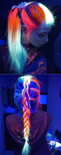 This glow-in-the-dark hair trend lets you appreciate colorful, luminous locks when the sun's gone down and the lights are out. Hair Rainbow, Glow Hair, Hair Trend, Festival Hair, Colorful Hair, Colored Hair, Rainbow Hair, Cool Hair Color, Grunge Hair