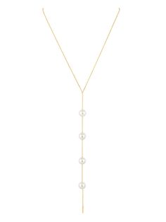 This elegant lariat necklace features a sleek, gold-tone chain adorned with five lustrous pearls, creating a sophisticated yet modern design. The Cindy Pearl Lariat is perfect for adding a touch of glamour to any outfit, whether you're dressing up for a special occasion or simply elevating your everyday look. The versatile length allows it to be worn in various ways, making it a timeless addition to your jewelry collection. With its minimalist yet striking design, this necklace is sure to become Formal Pearl Chain Lariat Necklace, Formal Lariat Pearl Chain Necklace, Pearl Lariat Necklace For Party, Formal Pearl Lariat Necklace, Minimalist Pearl Chain Lariat Necklace For Formal Occasions, Minimalist Pearl Chain Lariat Necklace For Formal Events, Formal Minimalist Pearl Chain Lariat Necklace, Formal Minimalist Pearl Lariat Necklace, Pearl Chain Lariat Drop Necklace For Party