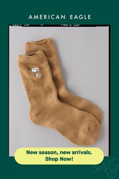 Made from a soft fabric blend/Ribbed cuff/Embroidered Peanuts detail at each cuff Crew Socks, Soft Fabric, Soft Fabrics, American Eagle Outfitters, Women's Jeans, American Eagle, Snoopy, Women Jeans, Shop Now