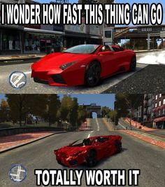 two different views of a red sports car driving down the street in gta 4