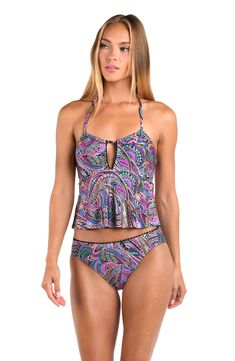 Front image of model wearing a Sunshine 79 Disco Dream Midkini Top. Multicolor Spaghetti Strap Swimwear For Poolside, Purple Sleeveless Swimwear With Adjustable Straps, Multicolor Fitted Swimwear With Spaghetti Straps, Purple Sleeveless Tankini For Poolside, Multicolor Paisley Print Swimwear For Swimming, Sleeveless Paisley Print Swimwear For Beach, Purple Beachwear Tankini For Party, Multicolor Paisley Print Swimwear For Poolside, Multicolor Beachwear Tankini For Party