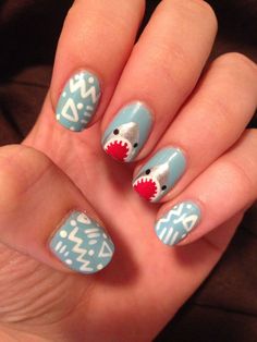 Shark Themed Acrylic Nails, Shark Nails Designs, Shark Nail Ideas, Cute Shark Nails, Shark Nails Art, Shark Inspired Nails, Shark Themed Nails, Animal Nail Ideas, Ocean Nails Short