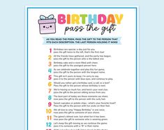 Bring some fun and laughter to the birthday party with this fast-paced Pass the Prize game! Just take turns passing the prize around by following the playful clues - great way to keep everyone involved and entertained at any birthday party, especially for kids and teens! Alternative design you might like BIRTHDAY PASS THE PRIZE https://www.etsy.com/listing/1808603982 DOCUMENT SIZES You will get documents in these sizes ⦁ 8.5'' x 11'' - US Letter Size ⦁ 8.5'' x 11'' - US Letter Size - 2 Cards per page DIGITAL DOWNLOAD This is a digital download, no shipping is included. HOW TO DOWNLOAD Your files will be available for download once the payment has been confirmed. If you have any problems with accessing your download, please just message me. HOW TO PRINT AND PREPARE Use your home printer or Pass The Prize Birthday Game, Pass The Gift Game Birthday, Pass The Parcel Ideas, Pass The Gift Game, Pass The Parcel, Alternative Design, 3rd Birthday Cakes, Game Pass, Birthday Games