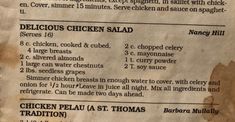 a menu listing the ingredients for chicken salad