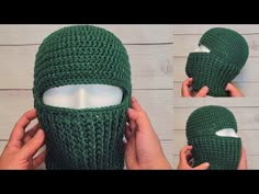 there is a crocheted green hat that looks like a ninja's helmet