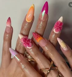 #chromenails #almondnails #pink #orangenails #flowernails #nails #cute #coquette #springnails #summernails #nailinspo #girlynails #charmnails #junknails #pinknails #vacaynails #baddienailsn #boujeenails #explore Nail Ideas Different, Nessa Nails, Pride Nails, Spring Acrylic Nails, Grad Photoshoot, Cute Coquette, Colorful Nails, Pretty Gel Nails, Long Acrylic Nails Coffin