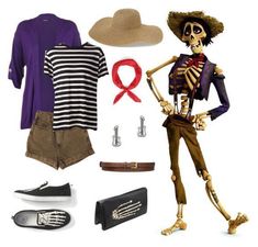 a skeleton dressed up as a pirate with accessories including shoes, hat and purses