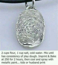 an image of a fingerprint pendant on a cell phone screen, with the caption'2 cups flour, 1 cup salt cold water mix until it has consistency of play dough