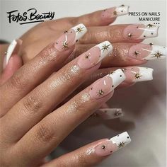 Click here to view more Fofosbeauty Press On Nails at lower price! Fofosbeauty--Press on nails 24 Pieces set 12 different sizes. Artificial nails design your own nails for weddings, parties, weekend dating, or special occasions. Acrylic nails art accessories design 24 pcs set full nail design fake nail tips with free nail glue sticker sheet and mini nail file. These tools can help you wear fake nails better, and the operation is easy and convenient for everyone. Clip-on nails have different size Twinkle French Nails, French Tip Nails With Ring Finger Design, Gold Star French Nails, French Tip Acrylic Nails With Stars, French Nails With Gold Stars, White And Gold Star Nails, French Nails With Jewels, Cool Nail Designs Almond Shape, White Nails With Gold Stars