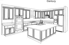 a line drawing of a kitchen with an island in the middle and cabinets on both sides