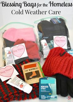 the contents of a cold weather care kit including gloves, mitts and other items