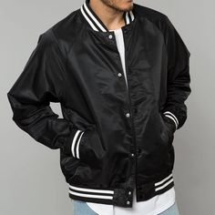 Brand: Urban Outfitters (Uo) Style: Black Satin Varsity Baseball Jacket With Black & White Trim Collar And Cuffs. Black Snap Buttons. Side Pockets. Size: Xl Mens Or Unisex/Womens Material: Satin Polyester Condition: Brand New With Tags Wear As Is Or Add/Customize With Patches & Pins! Black Outerwear With Pockets For College, College Style Black Outerwear With Pockets, Black Long Sleeve Varsity Jacket With Pockets, Black College Style Varsity Jacket With Pockets, Black Varsity Long Sleeve Outerwear, Black Casual Varsity Jacket With Pockets, Black Baseball Collar Outerwear For College, Black Track Jacket With Pockets For College, Black Casual Varsity Jacket With Baseball Collar