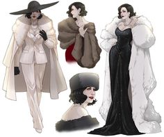 three women in fur coats and hats, one is wearing a black dress while the other wears