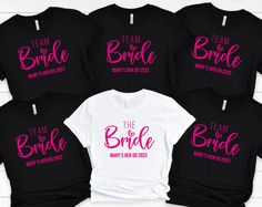 "High Quality Custom Hen Shirts to make you and your Team Bride stand out in the crowd and catch the eye. Perfect for wearing on your hen weekend or party. These tops also make great gifts and favours for those who you love and are going to be a part of your big day. The shirts are 100% Cotton. --- HOW TO ORDER --- 1. Select the Size Top you need. 2. Select the Design that you want on that Top. 3. Add the personalisation details, e.g. Sarah's Hen Party 2022. Let us know if you would like a diffe Team Bride Tshirt, Customizable White Party Tops, Customizable Short Sleeve Top For Party, Pink Short Sleeve Shirt For Bachelorette Party, Pink Letter Print T-shirt For Bachelorette Party, Pink Short Sleeve T-shirt For Bachelorette Party, Pink Crew Neck T-shirt For Bachelorette Party, Black Short Sleeve T-shirt For Bachelorette Party, Pink Graphic Print Top For Bachelorette Party