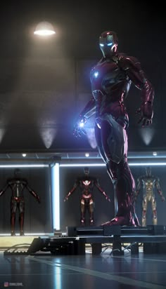 the iron man suit is standing in front of several other superheros, all wearing red and blue suits