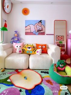 a living room filled with lots of colorful furniture