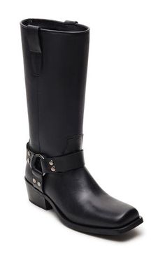 Harness hardware brings plenty of classic moto style to a smooth leather boot complete with a squared-off toe. 2" heel 11" shaft; 13" calf circumference. Narrow calf Pull-on style Leather upper/synthetic and textile lining/synthetic sole Imported Moto Style, Leather Boot, Fabric Gift Bags, Black Fits, Boot Shoes Women, Smooth Leather, Steve Madden, Leather Boots, Womens Boots