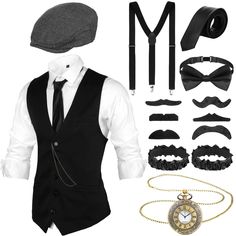 PRICES MAY VARY. What You can Receive: the 1920 costumes for men come with 1 vest, 1 men beret hat, 1 old pocket watch, 1 bow tie, 1 tie, 1 Y shape back elastic belt suspenders and 6 false beards, the sufficient accessories can meet your needs Assorted Sizes of the Vest: the vests in men outfit have 5 sizes, which provide you with most suitable size to wear; You can read the detailed sizes in the size chart and choose the right one Retro 1920s Memory: these gangster accessories will take you bac 1920s Mens Costume, Gangster Outfit, Gangster Costumes, 1920s Looks, 1920s Men, Gatsby Costume, Old Pocket Watches, 1920s Outfits, Vintage Pocket Watch