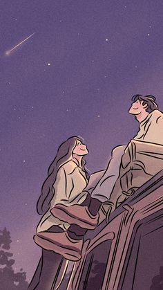 a man and woman sitting on top of a building looking at the stars in the sky