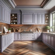 a kitchen with wooden floors and gray cabinets