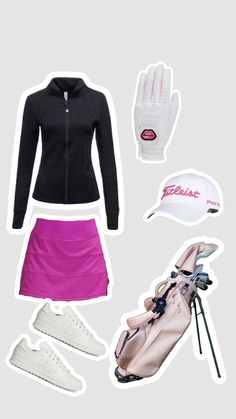 a women's tennis outfit and accessories including a hat, glove, golf bag, gloves