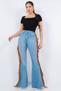 Look like you rodeoed your way to wardrobe perfection in these fringe bell bottoms! Made with stretch denim for a great fit and light blue for badass vibes, these 34" inseam jeans have sides fringe detail and functional pockets front and back. Saddle up for style!This garment is MADE TO ORDER and is Final Sale. Style: high rise Silhouette: bell bottom Embellishment: Fringe tassel Length: full length Closure: zipper, button Made In: USAFabric Contents: 52% RAYON26% COTTON21% POLYESTER1% SPANDEX S Denim Fringe, Bell Bottom, Light Denim, Made In America, Bell Bottoms, Stretch Denim, In America, Fabric Care, Final Sale