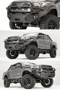 four different views of the front and rear sides of a gray truck with black wheels