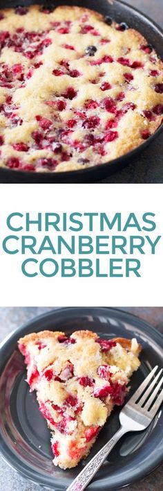 a slice of christmas cranberry cobbler on a black plate with a fork