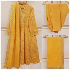 "Embrace the festivities of the season in style with mustard three-piece accented with intricate embroidery. Our exquisite suit is crafted in khaddar fabric, embodying elegance and grace. The ensemble is paired with dupatta & Pant. Length: 44\" Dupatta Fabric: Khaddar Pants Fabric : Khaddar" Semi-stitched Gold Kurta With Naqshi, Yellow Lawn Suit With Traditional Drape For Navratri, Yellow Chanderi Lawn Suit For Navratri, Traditional Drape Yellow Lawn Suit For Festivals, Yellow Lawn Suit With Traditional Drape For Festivals, Gold Jamawar Sets With Naqshi Details, Anarkali Style Yellow Lawn Suit With Traditional Drape, Yellow Mulmul Sharara With Traditional Drape, Yellow Anarkali Lawn Suit With Traditional Drape