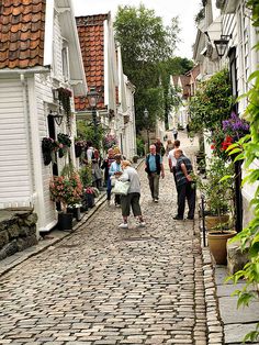 several people walking down a cobblestone street