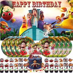 an image of a birthday party with cartoon characters on the boat and cupcakes