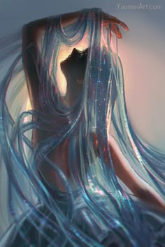 a digital painting of a woman's body with flowing hair in the wind and water