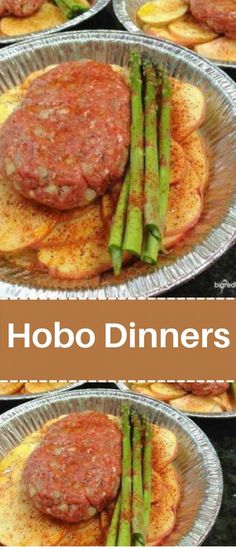 four different views of food in tinfoils with the words hobo dinners on them