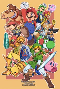 the legend of zelda characters are depicted in this cartoon character poster, which features them as