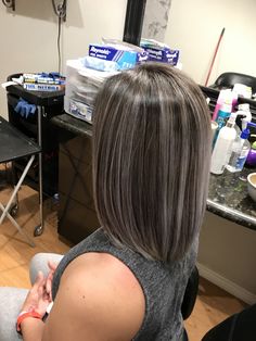 Highlights For Dark Hair With Grey, Highlights To Hide Gray Hair Black Hair, Subtle Gray Highlights Brown Hair, Dark Brown Hair With Gray Highlights, Highlights For Graying Hair Brunettes, Hair Color To Hide Grey Hair Dark Brown, Blending Grey Hair With Dark Hair, Medium Brown Hair With Silver Highlights